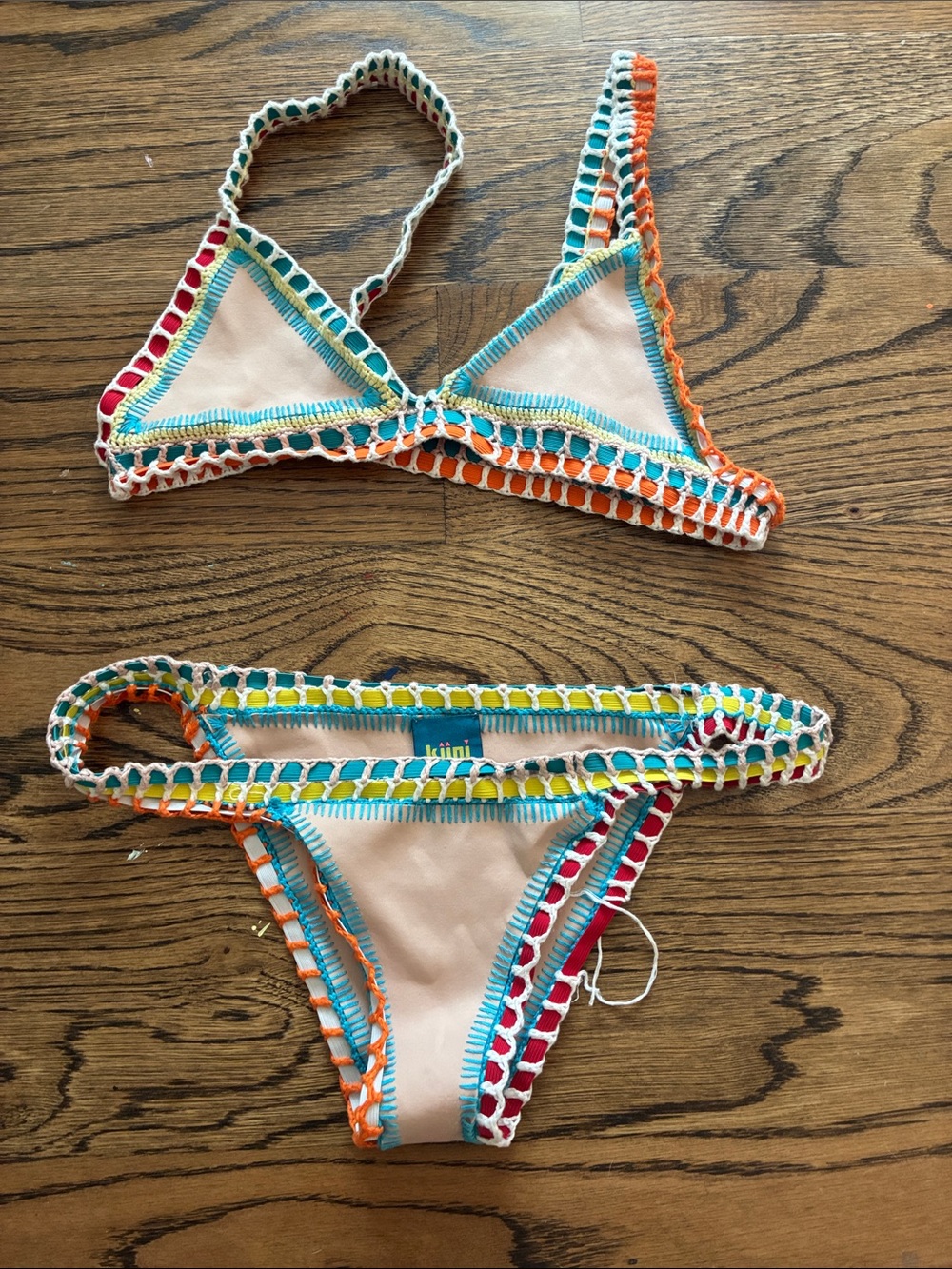 KIINI Crochet-Trim Bikini in Beige with Orange, Turquoise, Yellow & Pink Accents